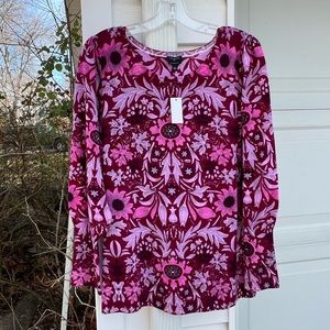 NWT Tablots Pretty Maroon Multicolored Floral Soft Merino Wool Sleeve Sweater